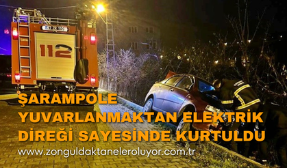 Şarampole yuvarlanmaktan elektrik direği sayesinde kurtuldu