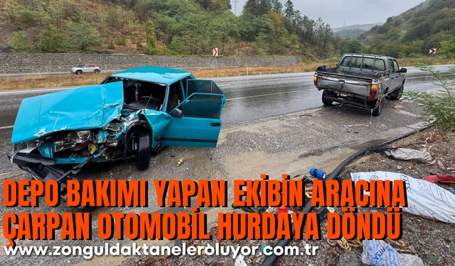 Depo bakımı yapan ekibin aracına çarpan otomobil hurdaya döndü