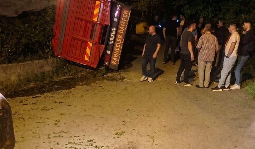 Giresun'da yaş çay yüklü kamyon devrildi